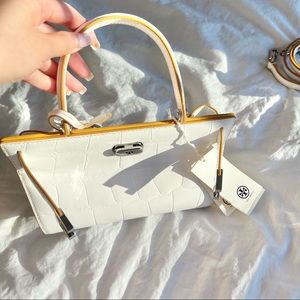 Tory Burch Petite Lee Radziwill Cat Eye Kelly Bag in Embossed Croc Optic White